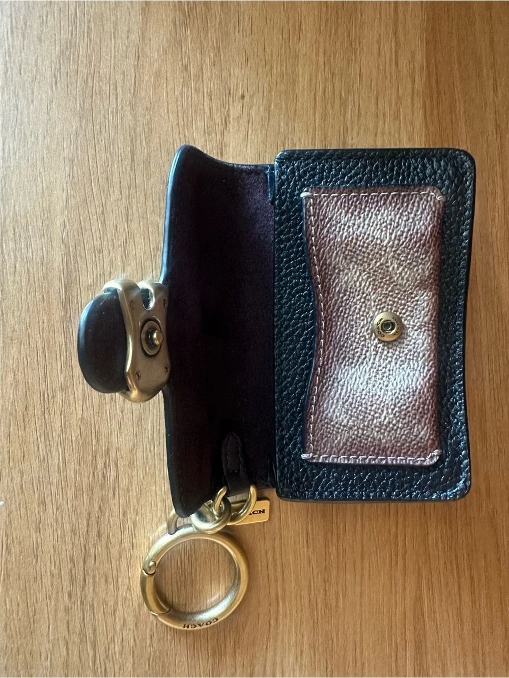 Coach Black Pebbled Leather Wallet with Brown Signature Panel and Gold 'C' Clasp